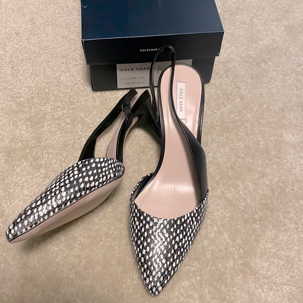 New in box Cole Haan Highline Sling size 8.5 Heels Leather Shoes Slingback Black
